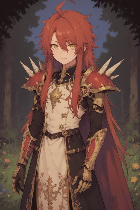 score_9, score_8_up, score_7_up, score_6_up, source_anime, BREAK, <lora:Gulcasa-000012:0.3> , guldef, (1boy), red hair, long hair, hair between eyes, yellow eyes, (armor), spikes, shoulder armor, shoulder spikes, cape, red cape, pauldrons, gauntlets, (cowboy shot), looking at viewer, (smile), closed mouth, happy, hair over one eye,  <lora:detailed_backgrounds_v2:0.7> , masterpiece, best quality, very aesthetic, absurdres, forest, outdoors, grass, nature, blue sky,  <lora:d4rkpurpXLP:0.7> , d4rkpurp,