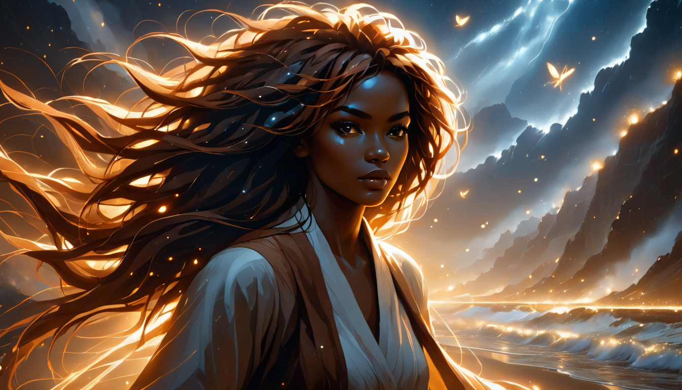score_9, score_8_up, score_7_up, photorealism, raw photo, etheral, motion lines, glowing, 1girl, woman, ffemale focus, solo, adult female, a man who is humble and down-to-earth, afro hair, copper Long hair, brown eyes, ambient lighting, crater background, indoors, full shot, Participating in trivia nights, beach stroll, deep colors, vivid, colorful, fairy tale aethestics, magic, fireflies, cinematic composition, volumetric clouds, volumetric lighting, volumetric fogs, volumetric dusk, lots of volumetric smoke