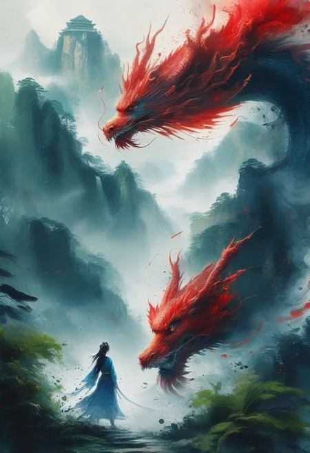 A colorful ink sketch,A dynamic scene of the damsel sprinting through the jungle with the dragon looming behind her, its eyes glowing a fierce red. The creature’s wings spread wide, casting shadows across the ancient ruins as it chases her. Her expression is one of fierce determination as she clutches a small glowing relic. The silver tones and lush jungle setting create an intense, fantasy atmosphere. 4K, hyper-realistic, filled with movement and suspense