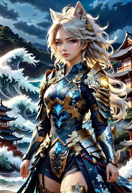 ultra detailed      Masterpiece  8k   ,white fox girl .Samurai  complex armor	Multi-layered and large shoulder armor  luster shine  Multilevel  	 black gold 08.02, (beautiful  face)++ 	holdingshe long katanagQkcYR	
Hokusai's Japanese depiction of a very turbulent sea with massive waves. The background s shows a beautiful dark night over a illuminated village. The colors are red and yellow