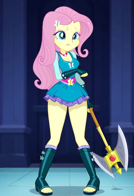 (masterpiece:1.0), (best_quality:1.0), ((perfect face:1)),((perfect body:1)),((perfect shadows:1)),
ng_deepnegative_v1_75t, zPDXLxxx, My little pony,(equestria girls)(full body shot) , Perfect Hands, perfecteyes, beautiful, vector, detailed hand, seductive look,bedroom eyes, detailed eyes, ,dinamic hands,full body portrait,  
BREAK charcters, 
(Equestria Girls Style:1.5),
prostitutes with massive breast and hyper hips, fluttershy, pink hair, teal eyes, long hair, eyeshadow, butterfly ornament, hair ornament, yellow skin, colored skin,
(Equestria girls:1),(massive breast:1.3),(hyper hips:1),
slutty thick round ass,massive thick thighs,perfect breast,
BREAK raytracing, volumetric lighting, ambient occlusion, background, 
BREAK wearing, 5 fingers, detailed character design, ultra-high resolution,
detailed character design, ultra-high resolution, ultra detail,
bedroom eyes, 
absolute cleavage, (Random epic figth pose:2),( sexually suggestive;2),(front view:2),
(fantasy barbarian armor:1.5), (fingerless gloves:1.5), (toeless footwear:1.5), (holding massive battle-axe), red aura, menacing glare, smug, glowing eyes, dynamic pose with battle-axe,
BREAK (shading:1).