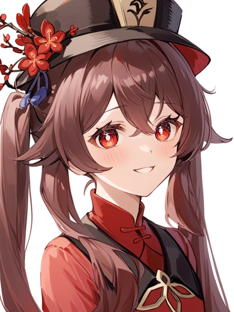 <lora:è¡æ¡:1>ï¼1girl, hu_tao_\(genshin_impact\), red_eyes, solo, brown_hair, hat, smile, symbol-shaped_pupils, long_hair, flower, simple_background, twintails, flower-shaped_pupils, bangs, closed_mouth, white_background, hair_between_eyes, portrait, red_flower, red_shirt, porkpie_hat, plum_blossoms