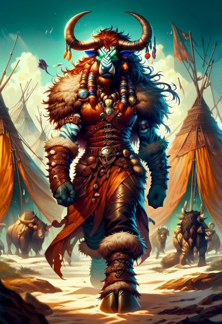 score_9, score_8_up, score_7_up, a tauren shaman, leather clothing, Flashfire glowing runes blue and green,