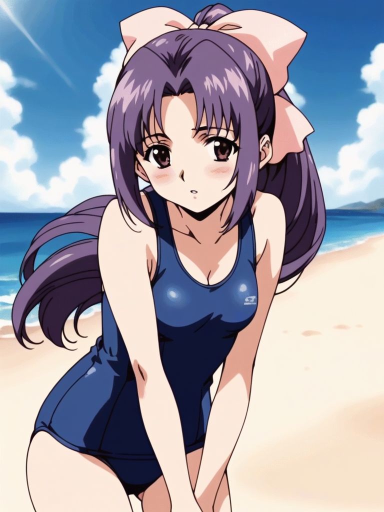 score_9, score_8_up, score_7_up, score_6_up, score_5_up, score_4_up, source_anime, rating_explicit, BREAK 
<lora:koigakubo_momoko_XL:0.8> koigakubomomoko, 1girl, soro, purple hair, long hair, hair bow, close eyes, ponytail, pink bow,  outdoor, sky, summer, sunshine, 0parted lips,
blush,   school swimsuit, summer, beach, sea, cowboy shot,  small breasts, cleavage,
2000s \(style\), anime, anime_screencap, animated gif, mp4 ,video, animated,