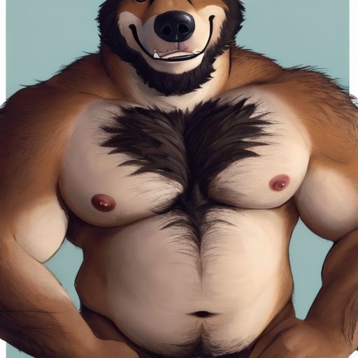 solo, male, furry, bear, 1boy, adult, daddy, hairy chest, shirtless, waist up view, nipples, beard, short hair, smile, wink, rubbing stomach, chest hair, stomach hair, arm hair, pubic hair, high quality,