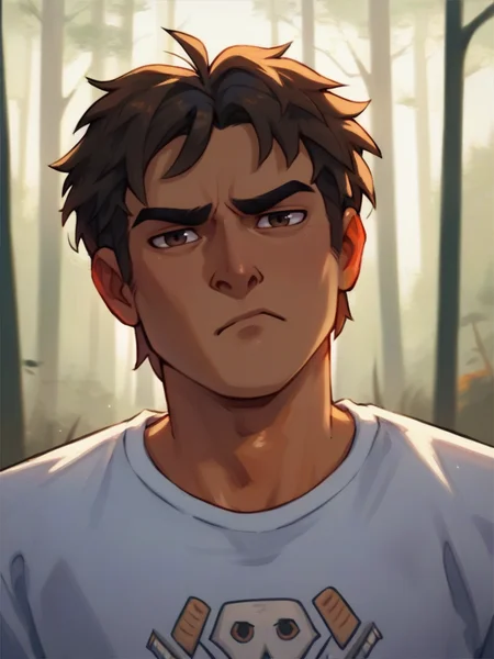 score_9, score_8_up, score_7_up, portrait of R4j man, pouting, sad, forest background, dark lighting, looking at viewer, shirt <lora:R4j-000006:1>