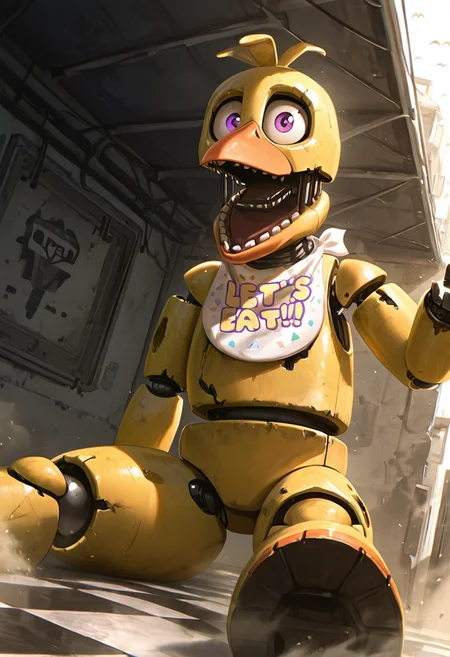 masterpiece, best quality, amazing quality, very aesthetic, absurdres, newest, detailed background, foreground blur, (( cartoon, )),
withchica, 1girl, teeth, robot, open mouth, solo, yellow skin, bib , no humans, joints, beak, bird, purple eyes, wires
dynamic angle, dutch angle, tilted view, dust, sitting on ground, checkered floor, leaking roof,