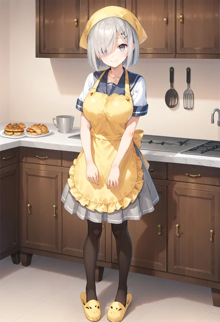 standing, full body, kitchen, <lora:KC_01DD_hamakaze_pony-000032:1.0> hamakazekc, grey hair, hairpin, short hair, bangs, hair over one eye, blue eyes, large breasts, hamakazedefkc, serafuku, white shirt, grey skirt, miniskirt, yellow apron, head scarf, short sleeves, brown pantyhose, yellow slippers,, score_9,score_8_up, score_7_up, source_anime, masterpiece, best quality, official art, official style, game cg, megami magazine, rating_safe, rating_questionable, NEGATIVE_HANDS, <lora:DetailedPerfect_hands_r1:1>