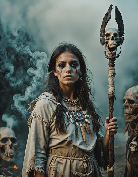 [realistic lighting],[photo],[photorealistic], woman, young, 18 yo, black mage, mage staff, skulls, smoke, native american, dark makeup, <lora:EldritchCandids1.1.2:0.4> <lora:real_dream_pony_realistic_lora_3:0.4> <lora:MJ52:0.3> <lora:FF.101.juggernautXL_version6Rundiffusion.LORA:0.4> <lora:JuggerCineXL2:0.3>