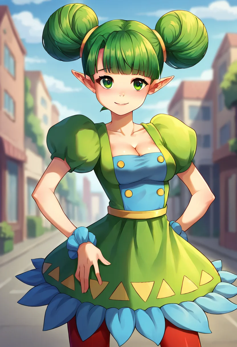 score_9, score_8_up, score_7_up, masterpiece, source_anime, 1girl, ct_farore, green hair, green eyes, double bun, short hair, puffy short sleeves, dress, frilled skirt, blue scrunchie, red pantyhose, outdoors, city, depth of field, looking at viewer, cowboy shot, medium breasts, cleavage, <lora:Farore_Pony_ct:0.9>