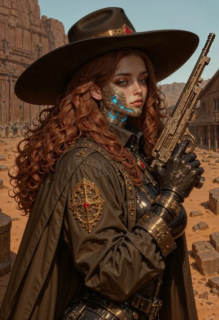 a digital illustration featuring a futuristic cowgirl in a western setting. The subject is a woman with a blend of human and robotic features, including a metallic jaw and glowing blue elements on her face and hand. She has fair skin and wavy auburn hair cascading from beneath a wide-brimmed cowboy hat adorned with a red gem. Her attire includes a glossy brown leather coat and a high-tech revolver with blue luminescent details. The background depicts a desert landscape with rugged terrain and distant wooden structures, evoking a blend of classic western and sci-fi themes.