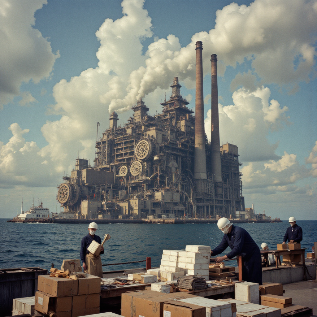 <lora:lora-DuoTone, Bleaked White_trained:1>DuoTone, Bleaked White, a massive industrial complex standing in the middle of an endless ocean, where smokestacks release pure silence into the air. Inside, enormous gears grind forward, producing boxes of missing timeâhours, days, entire forgotten lifetimes, neatly packed and labeled. Workers in featureless masks inspect the boxes before sending them off to places no one remembers visiting.