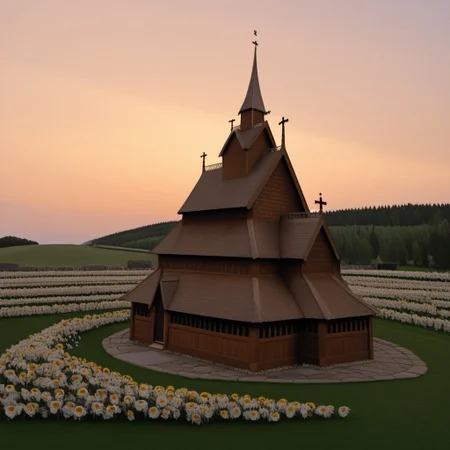 Young female character in front of a Norwegian stave church, wearing norwegian bunad, woman, bunad, stave church, stave church in background, crown, outdoors, evening, sunset, flowers, very long hair, orange hair, Norwegian bunad, norwegian stave church, beautiful face, freckles, brown eyes