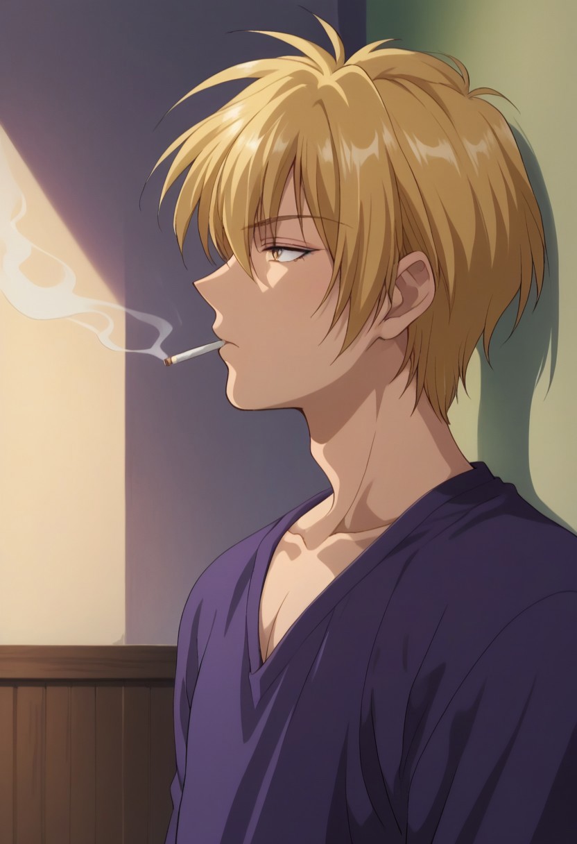 score_9, score_8_up, score_7_up, source_anime, highly detailed, 
eiriyuki, solo, 1boy, male focus cigarette, blonde hair, smoking, upper body, profile,
mouth hold, collarbone, yellow eyes, shirt, purple shirt, indoor, house, japan,