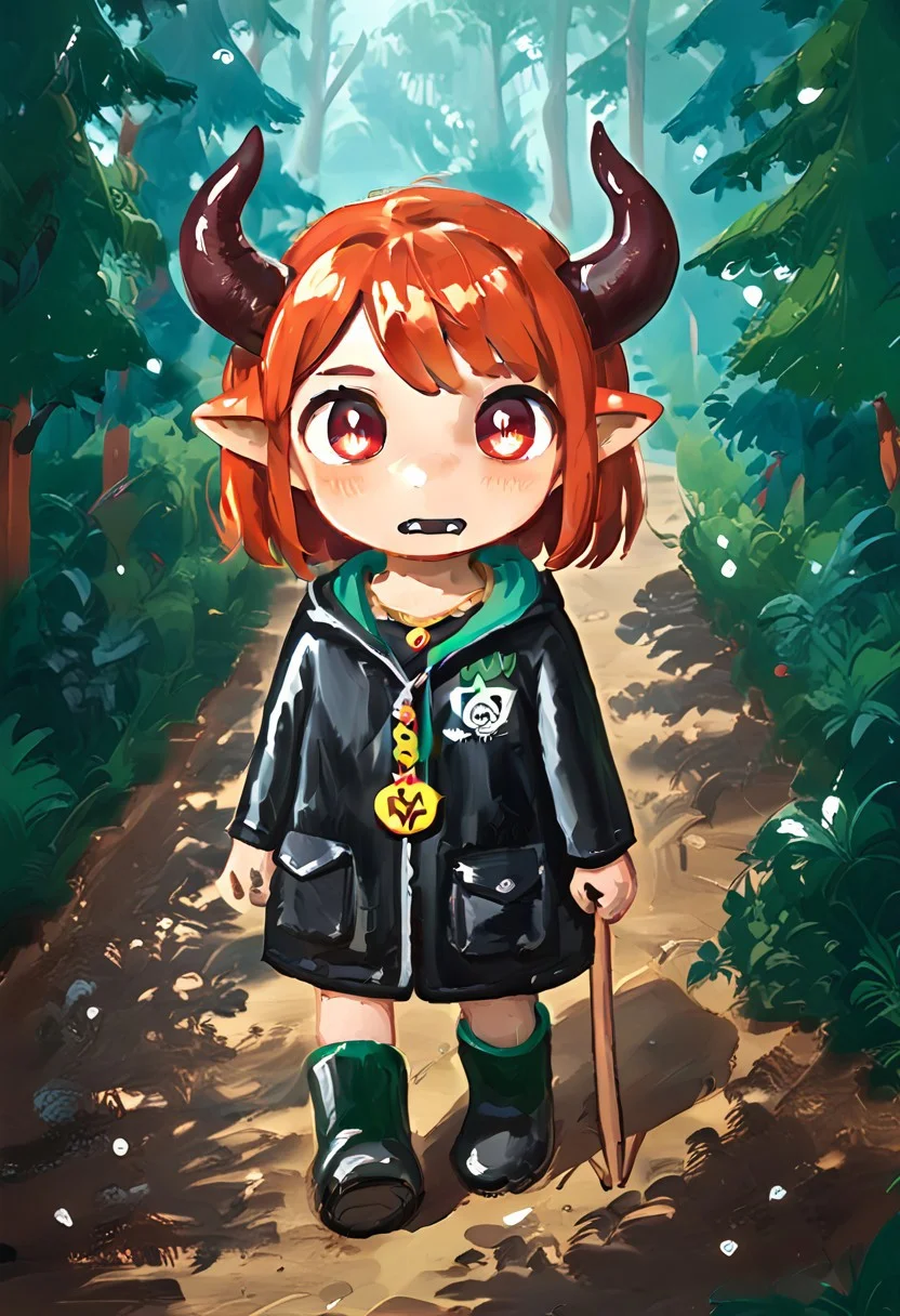 score_9, score_8_up, score_7_up, BREAK
highres, highly detailed, high resolution, high quality,
source_anime, anime screencap, saturation, vivid colors,
1girl, solo, luce, full body, standing, demon girl,
(dark red hair:1.2), (big dark red eyes:1.1), medium hair, cute, (grey skin:1.1), (horns:1.2),
(long black raincoat:1.1), black rubber boots,
pentagram necklace, holding one red trident,
cute, bokeh,
blurry background, forest background, path,
lozhkin, big smile, open mouth, teeth