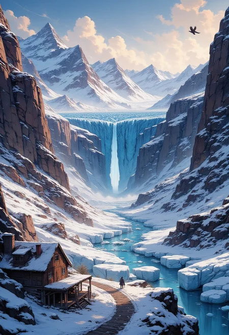 Dawn in a Patagonian Glacier Valley
"The first light of dawn turns the jagged ice fields of Patagonia into a landscape of ghostly blues and silvers. A wooden refuge, half-buried in frost, stands alone against the wind, its chimney cold and silent. A narrow footpath winds through the valley, disappearing into the mist that clings to the frozen river. The air is so still that every crack of shifting ice echoes through the mountains. In the distance, a lone condor soars, its shadow sweeping across the untouched snow before vanishing into the abyss."