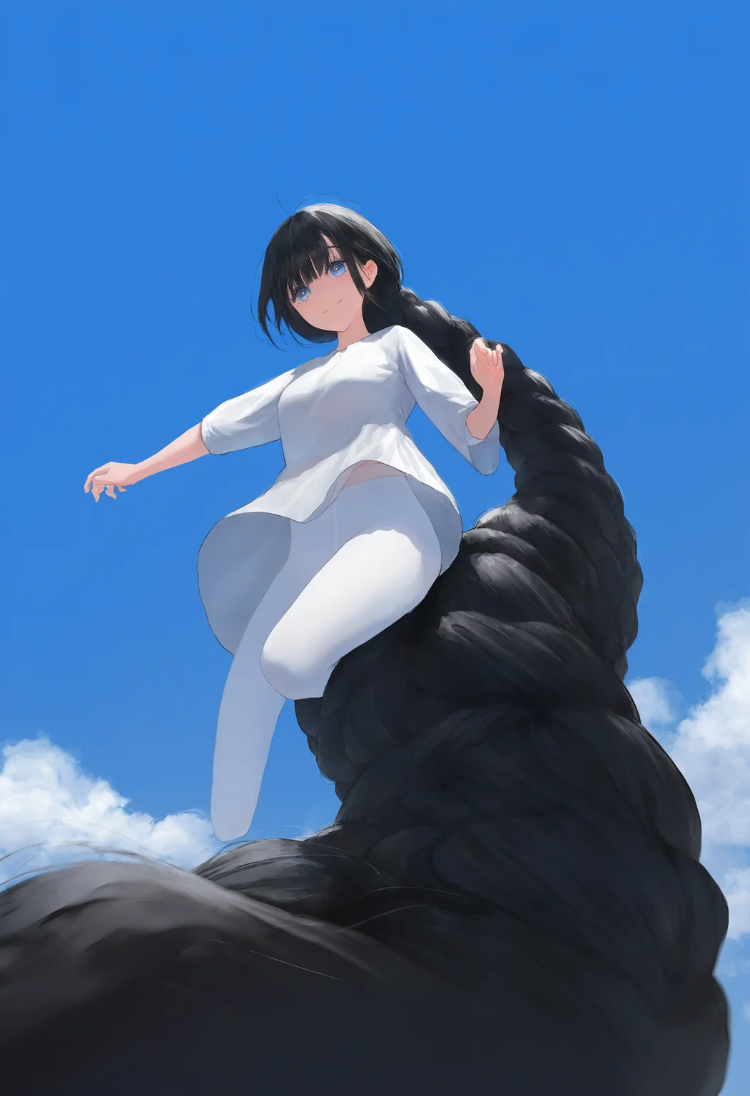 very awa, masterpiece, best quality, year 2024, newest
(wlop:0.7), (kim hyung tae:0.8), rella, (free style \(yohan1754\):0.8), (kannko bokujou:0.3), (ogipote:0.8)
blue sky, clouds, sunshine, day
street
full body
jumping
petite
smile, closed mouth,
1girl, blue eyes,
black hair,
(gigantic braid:1.8)
single braid
white pantyhose, white pajamas
medium breasts,