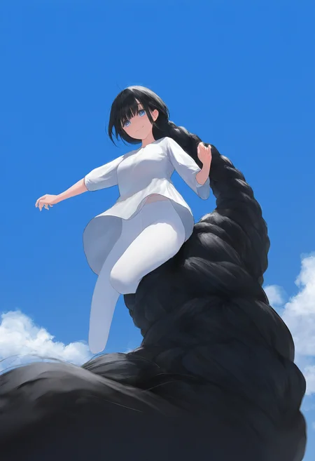 very awa, masterpiece, best quality, year 2024, newest
(wlop:0.7), (kim hyung tae:0.8), rella, (free style \(yohan1754\):0.8), (kannko bokujou:0.3), (ogipote:0.8)
blue sky, clouds, sunshine, day
street
full body
jumping
petite
smile, closed mouth, 
1girl, blue eyes,
black hair,
(gigantic braid:1.8)
single braid
white pantyhose, white pajamas
medium breasts, 