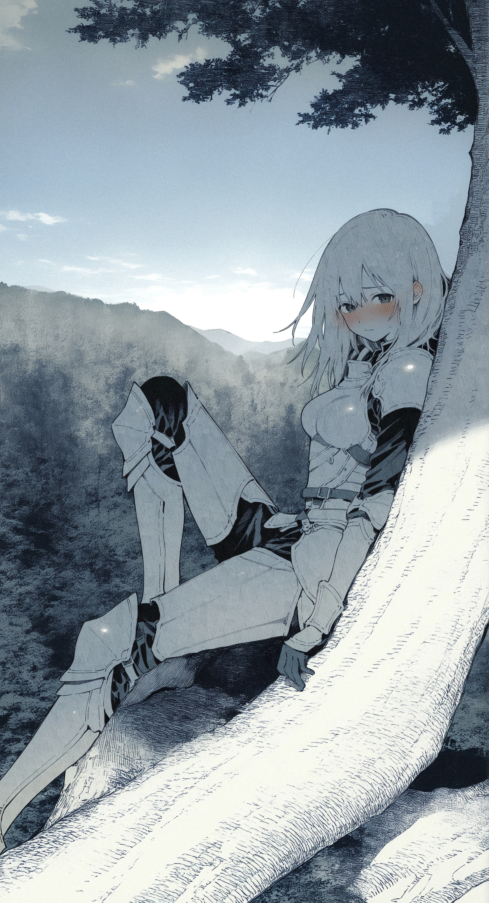 (linear hatching, hatching \(texture\),:1.3)  textured sketch, (by maki keigo:1.2), 
1girl, armor outdoors, forest, shy, medium breasts, blush, full body, looking at viewer, averting eyes, detailed background, sky, textured, scenery, cinematic, leaning against tree,  from side, sideways, knee up, leaning to the side, 
masterpiece, best quality, amazing quality, very aesthetic,
<lora:nhl-004:0.9>  nhl-004,