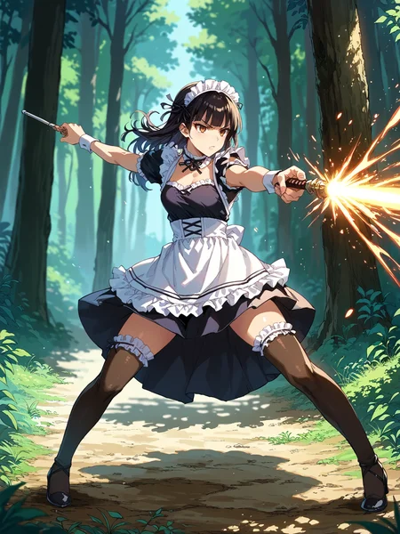 score_9, score_8_up, score_7_up, score_6_up, source_anime,
fantasy,outside,deep forest,bokeh,fighting stance, dynamic pose, open legs,
1girl,solo,kaju nukumizu, long hair, black hair, blunt bangs, brown eyes,small breasts,
<lora:maidXLP:0.6>maid apron, maid, maid headdress, thighhighs, wrist cuffs, 1girl, high heels,
<lora:Magic_beam_Magic_PACK:1>magbeamb,Firing,Weapon,Wand,
<lora:MJ52:0.7> <lora:MJ52_v2.0:1>