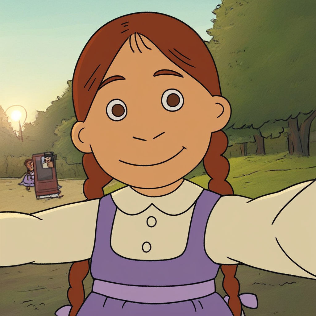 score_9, solo, m_crosswire, brown hair, long hair, twin braids, dress, selfie, outdoors, natural lighting