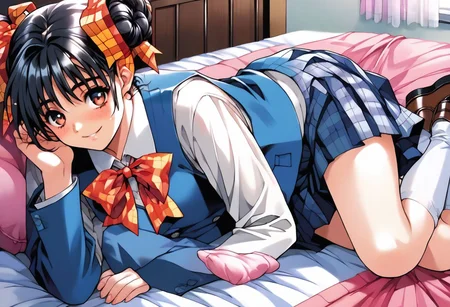 ASCII <lora:pony_xl_narusawa:0.8>,narusawa,score_9,score_8_up,score_7_up,source_anime,1girl, black hair,looking at viewer,school uniform,long sleeves, white sleeves, vest, blue vest, pleated skirt,plaid skirt,socks,loafers,cowboy_shot,smile, bed, lying on bed, 
masterpiece, best quality,