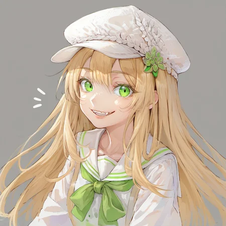 1girl, by kodoto, blonde hair, fang, green eyes, grey background, long hair, parted lips, portrait, smile, solo, white headwear,