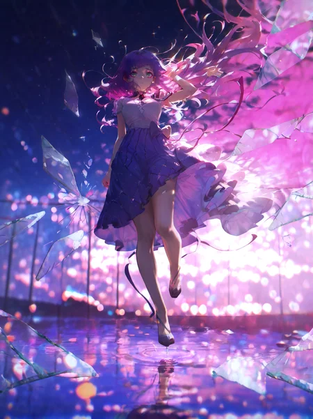 masterpiece,best quality,solo,(solo focus:1.4),(solo:1.2),1girl,(Full body Shot:1.1),detailed background,dramatic lighing,cinematic still,very dark skin , shaved sides hair, two-tone hair, purple hair , Multicolour iris, round shaped eyes , dark green eyes , realistic eyes, detailed eyes , looking at viewer , straight on , medium breasts,pink eye makeup,pink eyeshadow,multicolor background,colorful,at night,clothing in wind,hair in wind,[magical girl, dress | goth, gothic dress],<lora:BrokenGlass_illusXL_Incrs_v1:1.1>,glass shards,reflection,broken glass,full body shot ,jumping, freeze frame, mid air, jumping straight up ,ripples,galaxy,neon lights,film grain,particles,blurry background,bokeh background,stars,realistic,jewelry,featured on pixiv,<lora:ChamIllustriousBackgroundEnhancer:0.8>,<lora:UK shiny_skin1v_ILXL:0.7>,shiny skin,<lora:konyakarasuelokr_for_illustrious-000126:0.9>,