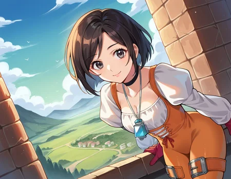 score_9, score_8_up, score_7_up, source_anime,
garnet, <lora:garnet-til-alexandros-xvii-ponyxl-lora-nochekaiser:1>,
garnet, grey eyes, short hair, swept bangs, black hair,
bodysuit, choker, gloves, jewelry, juliet sleeves, long sleeves, necklace, orange bodysuit, pendant, puffy sleeves, red gloves,
outdoors, landscape, bent over, smile,
looking at viewer, dutch angle, cowboy shot,
