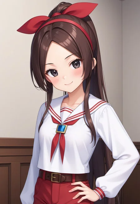 (masterpiece),best quality,amazing quality,very aesthetic,absurdres,newest,perfect body,shiny skin,perfect eyes,detail1eye,well-defined fingers,well-defined fingernails,anime style,indoors,1girl,solo,upper body,(portrait:1.5),looking at viewer,facing viewer,smile,blush,RuiRui,very long hair,dark brown hair,high ponytail,dark red hairband,hair ribbon,hair between eyes,parted bangs,black eyes,closed mouth,white sailor collar,white shirt,puffy long sleeves,cuffs,small breasts,dark red belt,belt buckle,bloomers,dark red shorts,suspender shorts,loose socks,white socks,loafers,brown footwear,