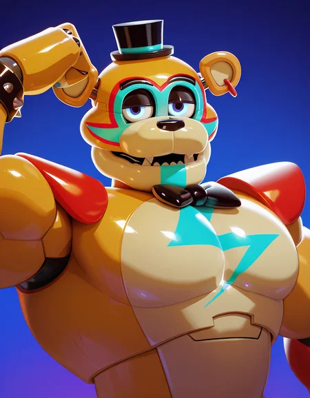 IllustriousQual,  <lora:GlamrockFreddy-Illustrious:1> glamrockfreddy, solo, animatronic, hat, bowtie, male focus, robot, bear ears, spikes, bracelet, looking at viewer, spiked bracelet, blue eyes, flexing, big biceps, large pectorals, [upper body focus], seductive,  half closed eyes, <lora:NOOB_vp1_detailer_by_volnovik_v1:1>
