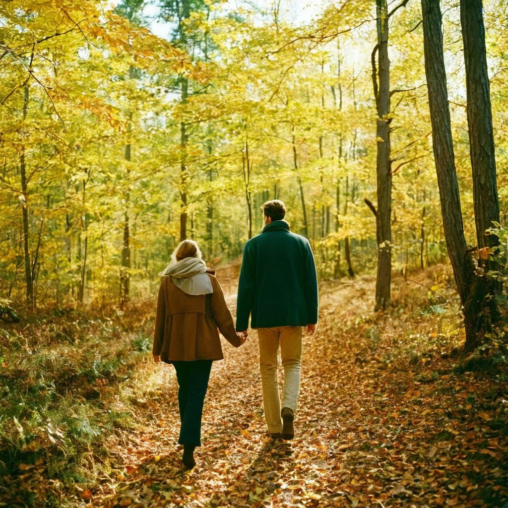 film photography style a picture of a man and a woman walking in a fall forest <lora:FILM_PHOTOGRAPHY_STYLE-000017:1>