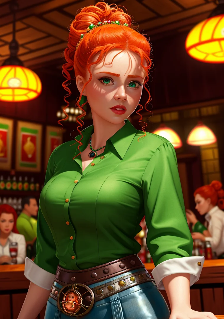 sexy senorita mexican western RPG character painting ginger hair upsweep updo emerald button shirt at a cantina sitting bar tequila
(masterpiece:1.4) (best quality:1.4) (8k) (HDR) (wallpaper) (cinematic lighting) (sharp focus) (intricate) (CherryNobodySD15:1.0)