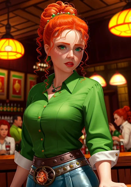 sexy senorita mexican western RPG character painting ginger hair upsweep updo emerald button shirt at a cantina sitting bar tequila
(masterpiece:1.4) (best quality:1.4) (8k) (HDR) (wallpaper) (cinematic lighting) (sharp focus) (intricate) (CherryNobodySD15:1.0)