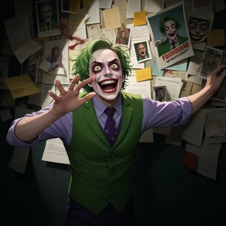 score_9, score_8_up, score_7_up, (PepeSilviaMeme), paper, (hand against wall),  PEJoker, joker, joker makeup, green hair, terrified, crazy smile, green vest, violet polo, bloody