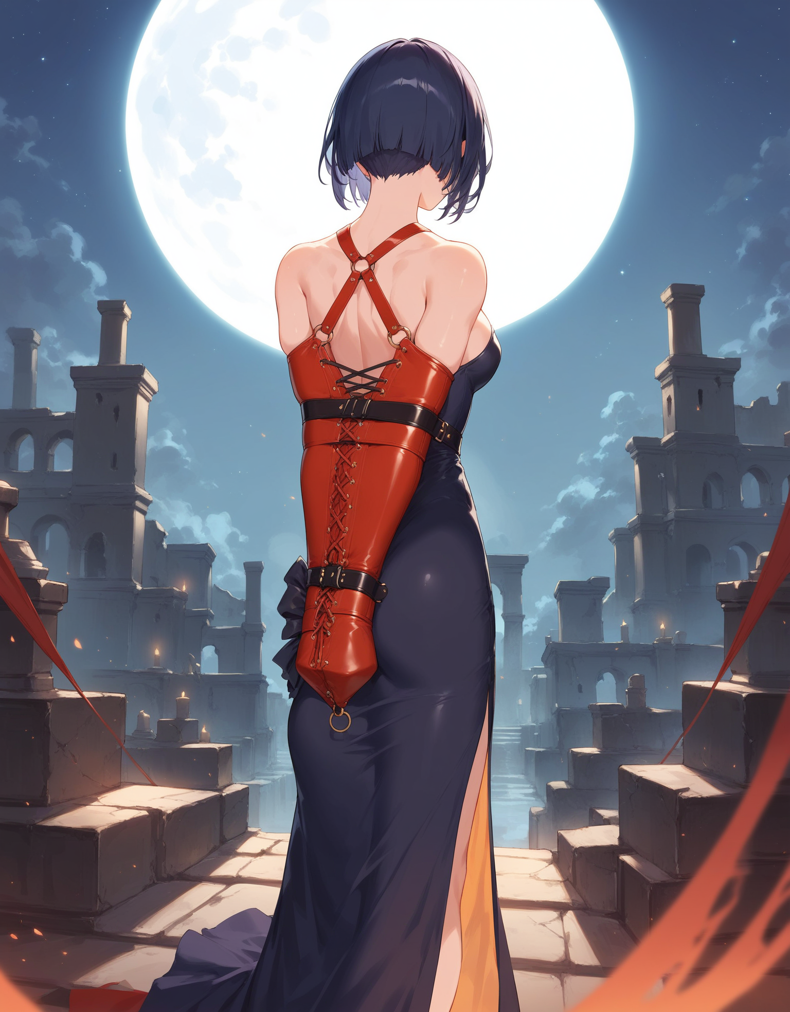 ethereal fantasy concept art of young girl wear red_armbinder walking in ruins,black_dress,arms behind back,bound,restrained,from behind,cleavage,armbinder,restrained,night,moonlight,<lora:ArmbinderPony:1>,, score_9, score_8_up, score_7_up, . magnificent, celestial, ethereal, painterly, epic, majestic, magical, fantasy art, cover art, dreamy