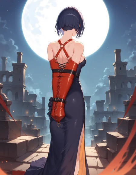 ethereal fantasy concept art of young girl wear red_armbinder walking in ruins,black_dress,arms behind back,bound,restrained,from behind,cleavage,armbinder,restrained,night,moonlight,<lora:ArmbinderPony:1>,, score_9, score_8_up, score_7_up, . magnificent, celestial, ethereal, painterly, epic, majestic, magical, fantasy art, cover art, dreamy