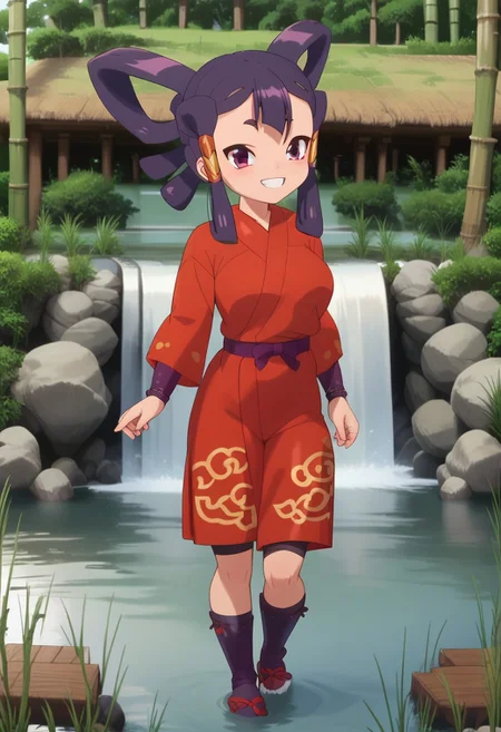 score_10 , score_9_up, score_8_up, score_7_up , score_6_up, vibrant colors, shiny_skin , prefect lighting, detailed image, snoozing , masterpiece , best quality , highly detailed , BREAK ,
1girl , (sakuna, def, , big breasts , curvy ,  thicc , cute) , detailed face , bedroom eyes , smiling , 
looking at viewer , outdoor , forest , bamboo trees , rocks , waterfall , cinematic composition , dynamic pose , full body , 
By bad artist , HairDetail , fcNeg , EasyNegativeV2 ,