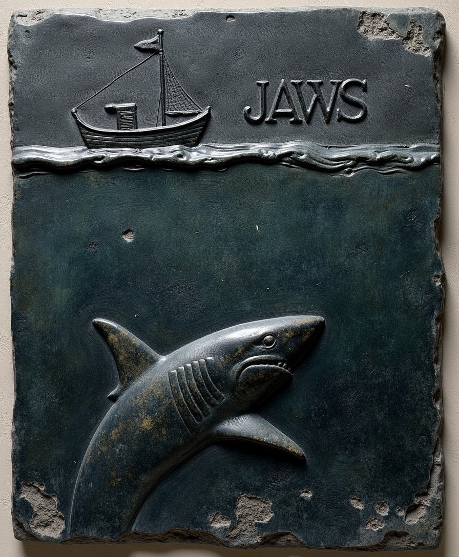 a bas relief sculpture. The sculpture is carved from a dark-colored granite stone with a weathered texture that suggests it has been exposed to the elements for a significant time. relief depicts an ocean scene where the top half is above water and the lower half of the relief is underwater, there is a small fishing boat floating on the top of the water, under the water there is a large shark swimming straight up towards the boat. The word "JAWS" is carved at the top of the relief. The texture of the stone is rough and uneven with some areas showing signs of erosion or damage. The overall style is reminiscent of ancient Greek
 art with an emphasis on detailed symbolic representation.