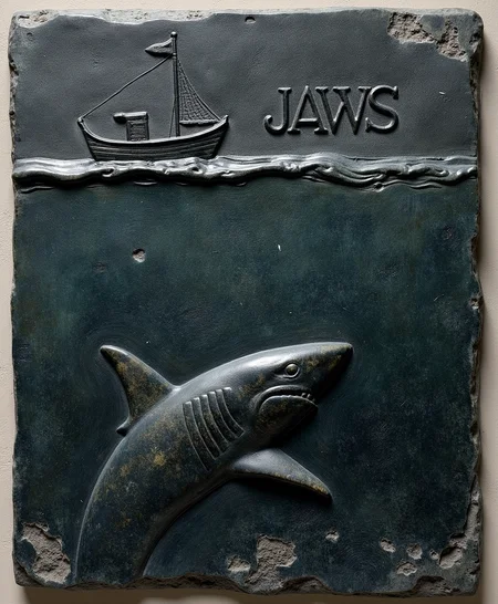 a bas relief sculpture. The sculpture is carved from a dark-colored granite stone with a weathered texture that suggests it has been exposed to the elements for a significant time. relief depicts an ocean scene where the top half is above water and the lower half of the relief is underwater, there is a small fishing boat floating on the top of the water, under the water there is a large shark swimming straight up towards the boat. The word "JAWS" is carved at the top of the relief. The texture of the stone is rough and uneven with some areas showing signs of erosion or damage. The overall style is reminiscent of ancient Greek
 art with an emphasis on detailed symbolic representation.