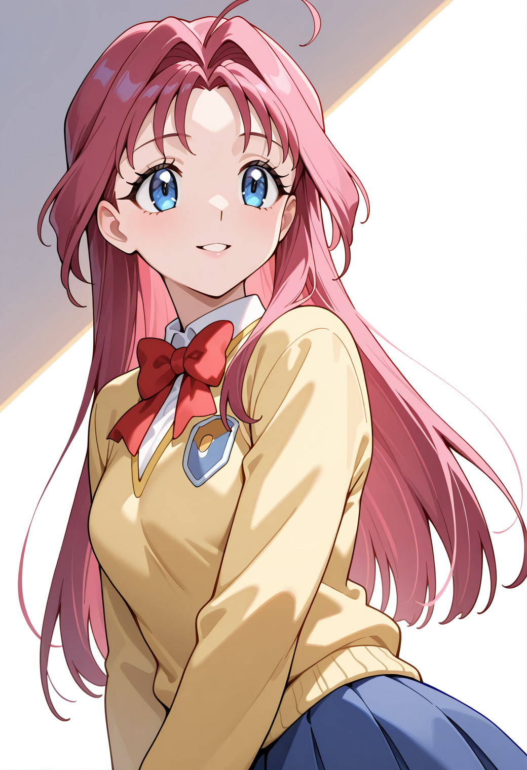 masterpiece, best quality, very aesthetic, absurdres, 1girl, solo,
<lora:kisaragi_haruna_v01:0.9>, kisaragi_haruna, haruna_school, pink hair, long hair, ahoge, blue eyes,
school uniform, bow, yellow sweater, long sleeves, blue skirt, plated skirt, (smile:0.7), parted lips, upper body, posing