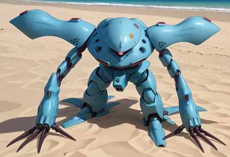 score_9, score_8_up, score_7_up, source_anime, front view, BREAK, ( hygogg, red_hygogg_armor, pink monoeye, looking at viewer, leaning forward, long arms, very long arms, long claws) 1mech, wide mech, large shoulders, large shoulder armor, mech focus, solo, BREAK, on beach, waving,