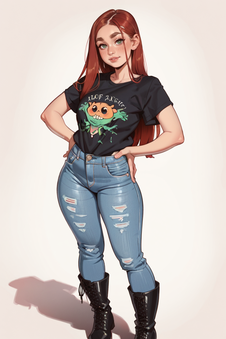 <lora:RealMix22:1>, score_9, score_8_up, score_7_up, score_6_up, score_5_up, rating_questionable, source cartoon
1girl, pretty face, pretty eyes, detailed eyes, HD eyes, thick thighs
hands on hips, standing, cowboy shot
looking at viewer, blush, eyebrows, long hair, red hair, green eyes
jeans, green t-shirt, boots, high waisted jeans
simple background, white background