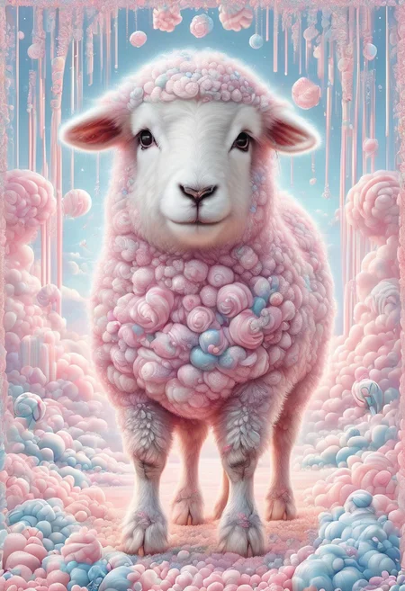 (cute sheep made of candy:0.9), cottoncandy, cute, no humans, solo, elaborate, (ultra realistic:1.1), (masterpiece, shiny:1.2), best quality, pastel colors, extremely detailed, intricate, detailed background, safe_pos