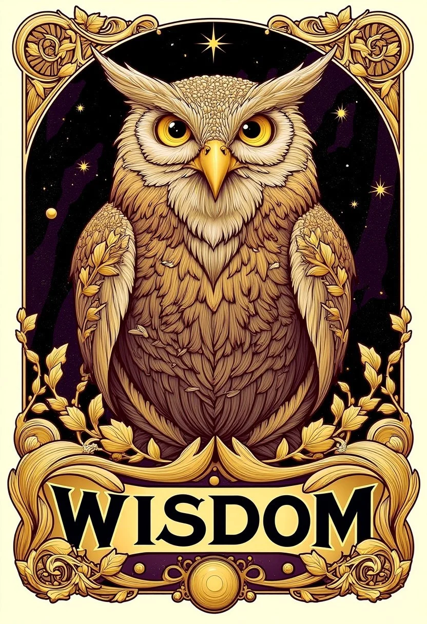 Mysterious owl with wide, glowing eyes, poster with the text “WISDOM”, visual flourishes of feathers and star patterns, illustration in the style of ARTNV