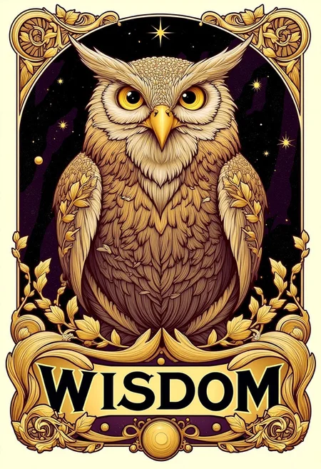 Mysterious owl with wide, glowing eyes, poster with the text “WISDOM”, visual flourishes of feathers and star patterns, illustration in the style of ARTNV