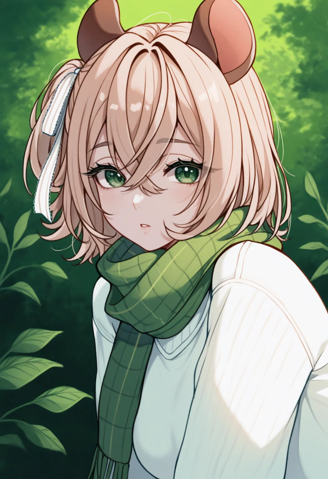 masterpiece, best quality, 1girl, solo, N1mi, light brown hair, medium hair, crossed bangs, one side up, hair ribbon, white ribbon, animal ears, traditional media, (realistic:0.5), watercolor /(medium/), green scarf, white sweater, parted lips, looking at the viewer, outdoors, summer, green theme, windy, long eyelashes, leaves, <lora:ChamNimiNightmareNoob:1>