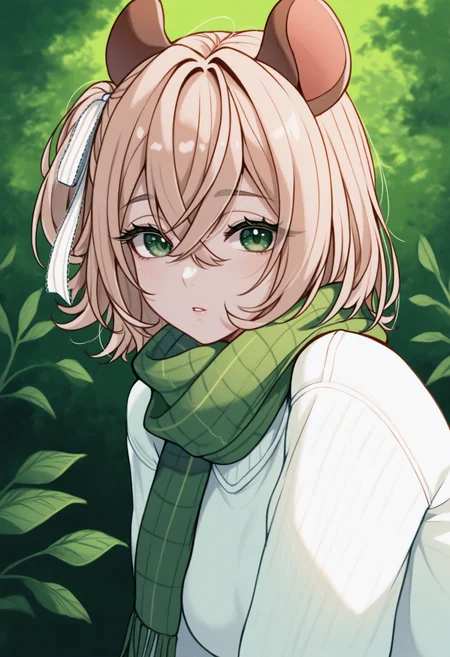masterpiece, best quality, 1girl, solo, N1mi, light brown hair, medium hair, crossed bangs, one side up, hair ribbon, white ribbon, animal ears, traditional media, (realistic:0.5), watercolor /(medium/), green scarf, white sweater, parted lips, looking at the viewer, outdoors, summer, green theme, windy, long eyelashes, leaves, <lora:ChamNimiNightmareNoob:1>