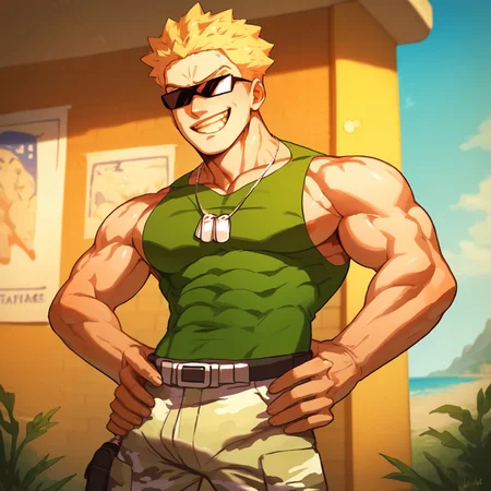 , score_9, score_8_up, score_7_up, masterpiece, , line art, anime,, detailed, <lora:Expressive_H:0.45> Expressiveh, , LtSurge, male, blond hair, sunglasses, dog tags, green tank top, camo pants, belt, blue eyes, hands on hips, grin, outdoors