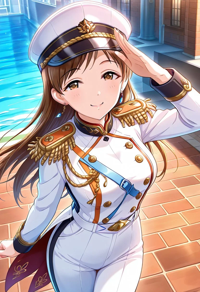 <lora:Nitta_Minami_Cinderella:1>, Nitta_Minami_Cinderella, masterpiece, best quality, amazing quality, 1girl, solo, cowboy shot,
smile, salute, looking at viewer,
long hair, brown hair, brown eyes, medium breasts,
peaked cap, earrings, military uniform, epaulettes, white shirt, white sleeves, long sleeves, white pants,
outdoors,